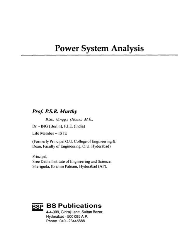 Power System Operation And Control By Psr Murthy Pdf